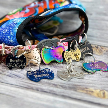 Personalized Dog Tag with 5 Lines of Custom Deep Engraved Durable Stainless Steel Pet ID Name Tag Designer Small Size Bow Tie