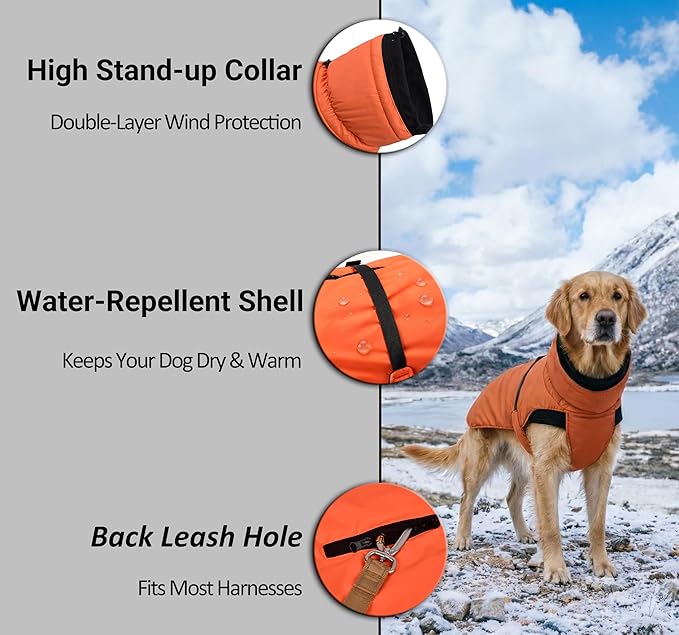Puffer Dog Winter Coat for Rain and Snow, Water-Repellent and Windproof Jacket Keeps Dogs Warm and Dry, High Collar and Harness Opening Design, Ideal Dog Stocking Stuffer (Aurantium, Large)