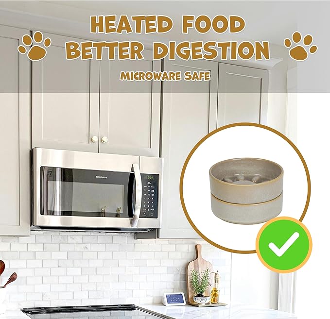 Ceramic Slow Feeder Dog Bowl Set with Stand, Cute Paw Slow Feeding Food Bowl and Water Bowl for Medium Breed, 6.3" Ceramic Non Slip Dog Dishes, Grey