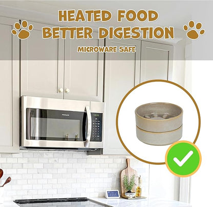 Ceramic Slow Feeder Dog Bowl Set with Stand, Cute Paw Slow Feeding Food Bowl and Water Bowl for Medium Breed, 6.3" Ceramic Non Slip Dog Dishes, Grey