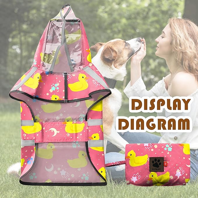 Dog Raincoat, Adjustable Rain Jacket with Hooded Double Layer for Large Medium Small Dogs Puppies, Lightweight Waterproof Rain Coat Poncho with Reflective Stripe Duck Pink,S