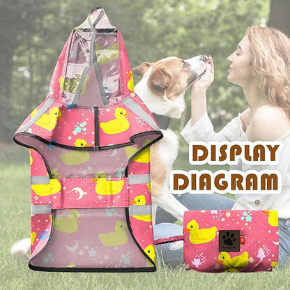 Dog Raincoat, Adjustable Rain Jacket with Hooded Double Layer for Large Medium Small Dogs Puppies, Lightweight Waterproof Rain Coat Poncho with Reflective Stripe Duck Pink,M
