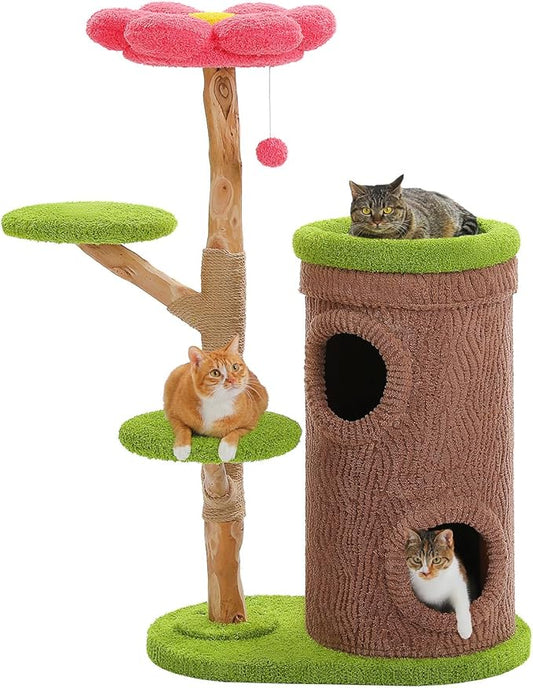 Wood Cat Tree with Flower Perch, 53.5" Modern Cat Tower w/Natural Solid Wood Scratching Post (φ3.8in), Large Heavy Duty Forest Cat Tree Furniture w/2 Condos for Indoor & Multi-Cat Household