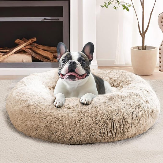 JOLLYVOGUE Small Dog & Cat Beds for Indoor Cats, Donut Cuddler Warming Soft Dog Beds with Anti-Slip Bottom, Round Calming Fluffy Plush Faux Fur Cushion Bed for Large Dogs (36")