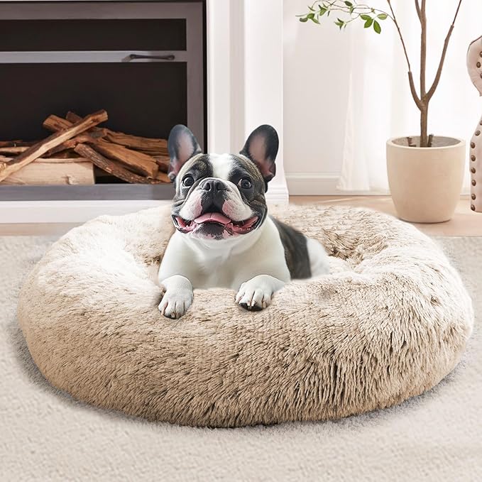 JOLLYVOGUE Small Dog & Cat Beds for Indoor Cats, Donut Cuddler Warming Soft Dog Beds with Anti-Slip Bottom, Round Calming Fluffy Plush Faux Fur Cushion Bed for Medium Dogs (27")