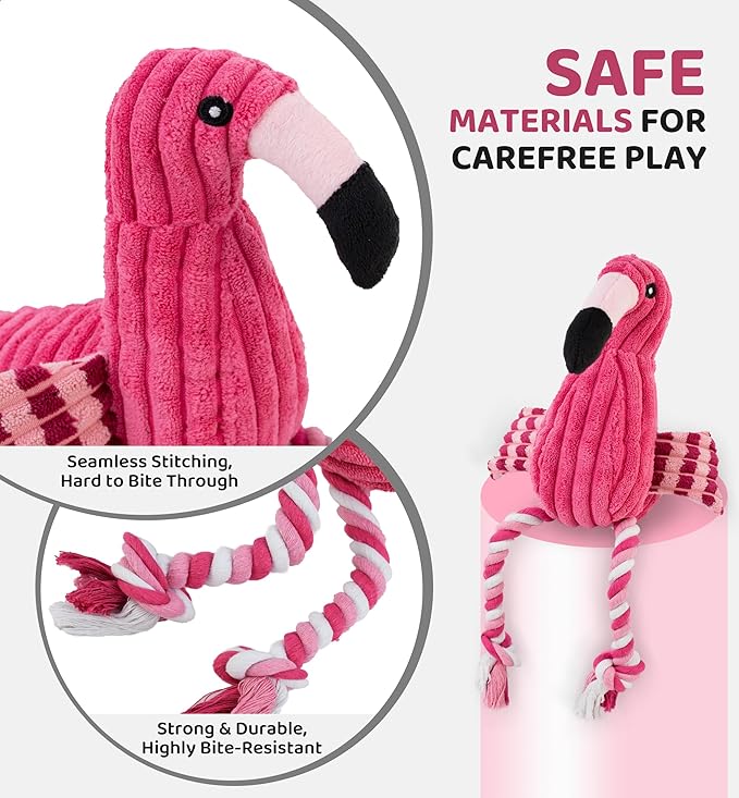 Squeaky Dog Toys - Plush Dog Toys with Soft Durable Fabric for Small Medium Large Breeds, Interactive Tug of War Rope Chew Toys, Teeth Cleaning, Dental Care, and Keep Dogs Busy (Flamingo-Red)