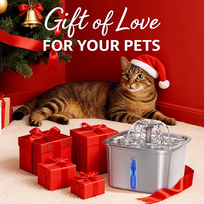 Veken Innovation Award Winner Stainless Steel Cat Water Fountain, 95oz/2.8L Automatic Pet Fountain Dog Water Dispenser with Replacement Filters & Silicone Mat, Gifts for Christmas, Cats, Dogs (Silver)
