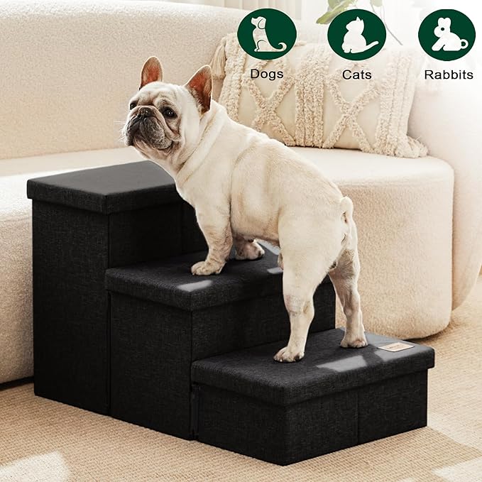 Love's cabin Dog Stairs with Storage,3 Steps Wider Dog Steps for High Bed 18" H,Foldable Pet Stairs for Small Medium Large Dogs Cats for Bed Couch Car,Ramp with Zip up to 200 lbs,Black,No Condo