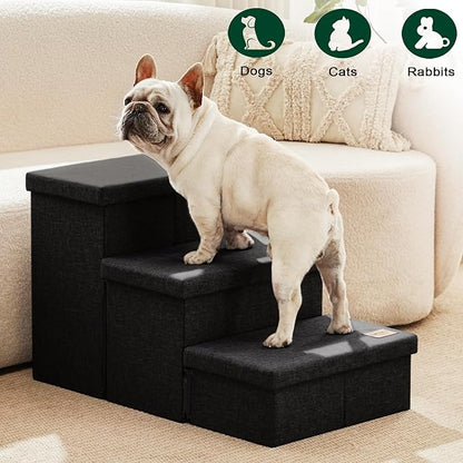 Love's cabin Dog Stairs with Storage,3 Steps Wider Dog Steps for High Bed 18" H,Foldable Pet Stairs for Small Medium Large Dogs Cats for Bed Couch Car,Ramp with Zip up to 200 lbs,Black,No Condo