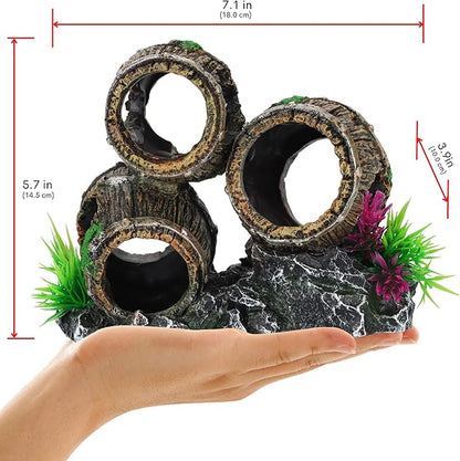 UNEAK - Aquarium Decorations Three Stacked Broken Barrels Fish Tank Decoration Ornament Landscaping Over Rocks Cave Saltwater Freshwater Small & Medium Fish Garden Pond Ornaments Resin