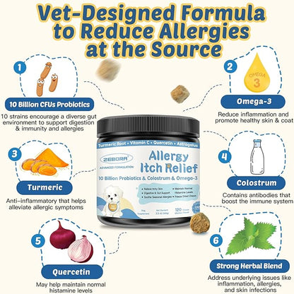 Dog Allergy Relief Chews, with Probiotics, Omega 3, Colostrum - Dog Itching Skin & Ears Relief, Herbal Skin & Coat Supplement, Gut & Immune Support, Hot Spot Treatment, Anti Seasonal Allergies