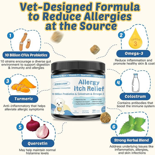 Dog Allergy Relief Chews, with Probiotics, Omega 3, Colostrum - Dog Itching Skin & Ears Relief, Herbal Skin & Coat Supplement, Gut & Immune Support, Hot Spot Treatment, Anti Seasonal Allergies