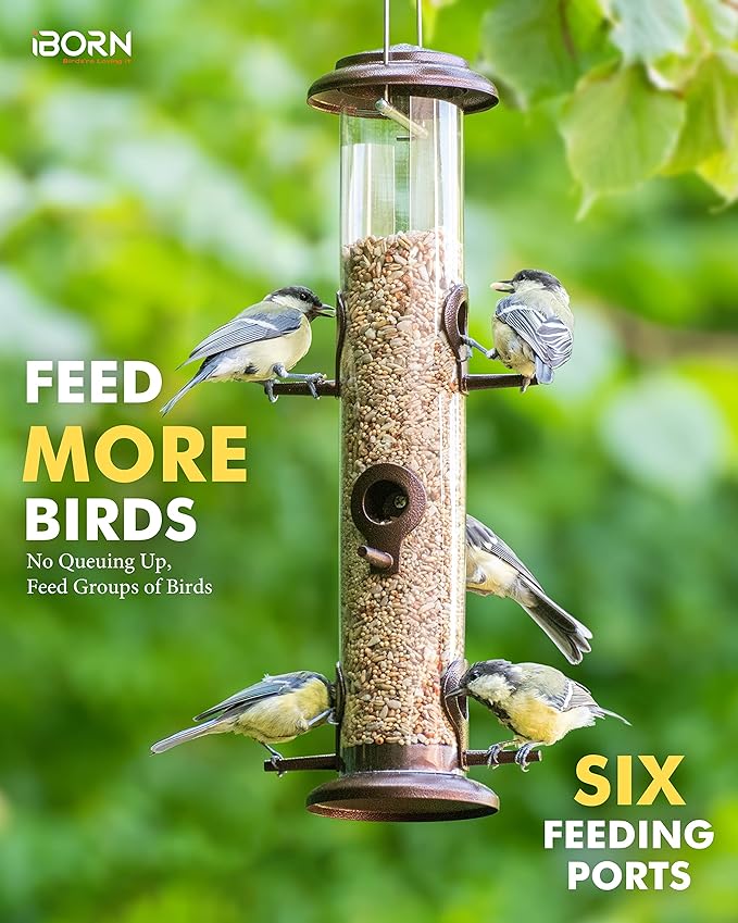 iBorn Metal Bird Feeder Hanging Wild Bird Seed Feeder for Mix Seed Blends Heavy Duty All Metal Coffee Finish,15 Inch 6 Port(Seed is not Included)