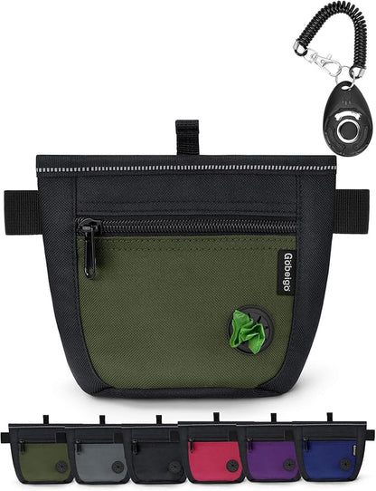 Gobeigo Dog Treat Pouch and Training Clicker, Upgrade Two Magnetic Closure to Prevent Spills, 2 Cup Treat Bag with Poop Bag Dispenser, Metal Clip Waist Belt Fanny Pack for Pet Walk (Black/Army Green)