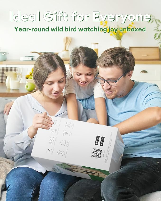 Wooden Smart Bird Feeder with Camera, 1080P HD Video Bird Feeders with Solar Powered, AI Birds ID for 10,000+ Species, IP65 Waterproof, WiFi Birdhouse Camera for Birds Watching Gifts
