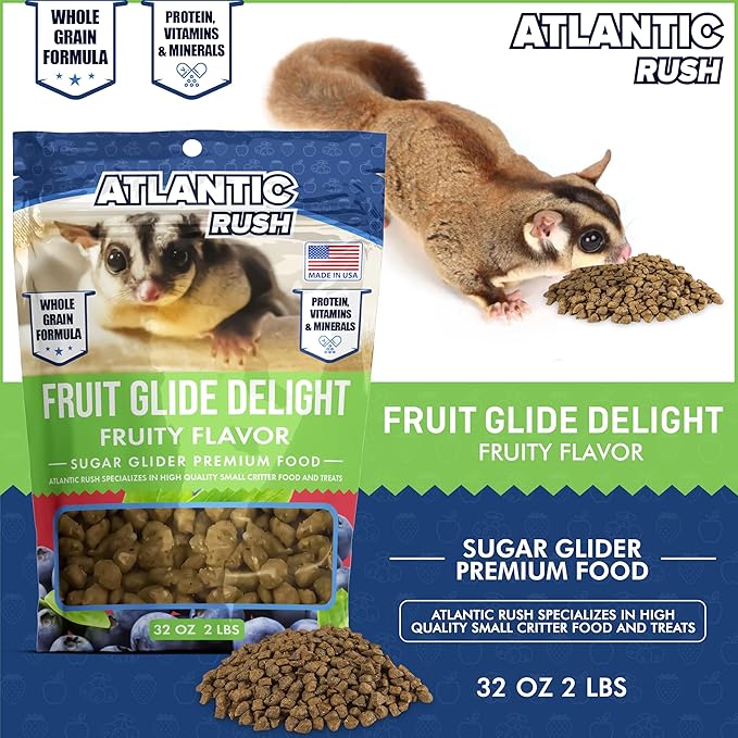 Atlantic Rush Fruit Glide Delight Sugar Glider Food - 2lb Resealable Bag of Food for Sugar Gliders - Complete Nutrition, High Protein and Vitamins Sourced and Made in USA - Sugar Glider Treats