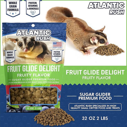 Atlantic Rush Fruit Glide Delight Sugar Glider Food - 2lb Resealable Bag of Food for Sugar Gliders - Complete Nutrition, High Protein and Vitamins Sourced and Made in USA - Sugar Glider Treats