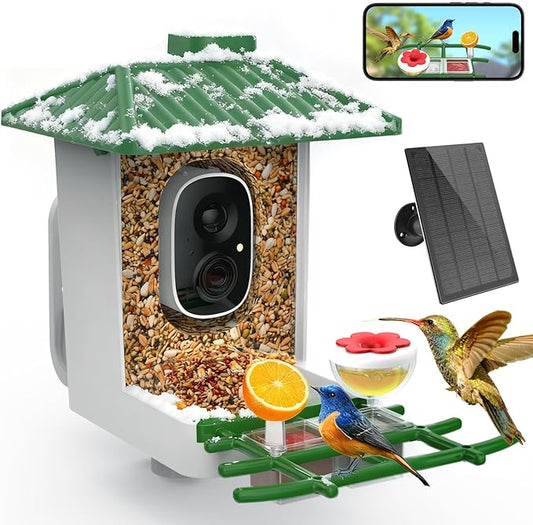 Smart Bird Feeder with Camera Solar Powered, 2K HD WiFi Live View Bird Feeders for Outdoors, AI Birds Recognition & Instant Alerts,Weatherproof Design – Best Gift for BirdLovers & Garden Birdwatching