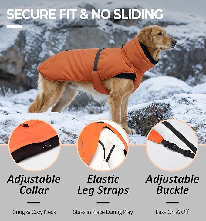Puffer Dog Winter Coat for Rain and Snow, Water-Repellent and Windproof Jacket Keeps Dogs Warm and Dry, High Collar and Harness Opening Design, Ideal Dog Stocking Stuffer (Aurantium, X-Small)