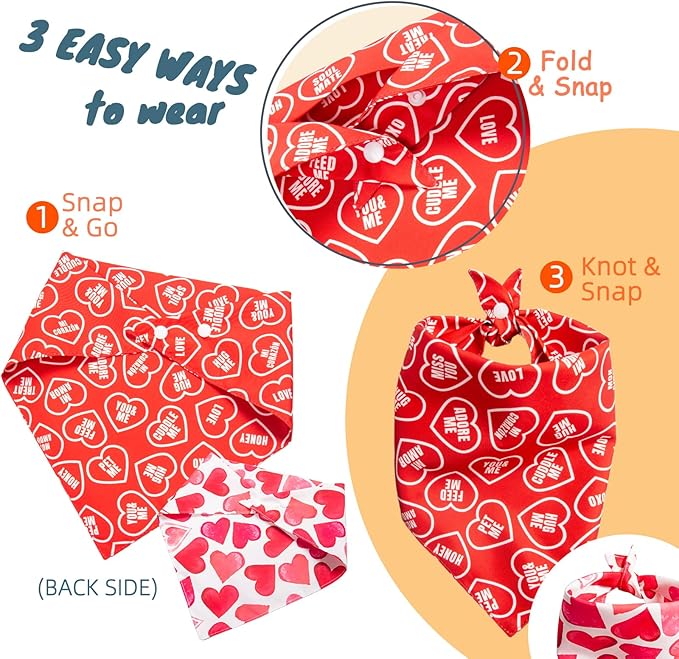 Dimidium Valentines Day Dog Bandanas 2 Pack - Double Sided Heart Patterns & Affection Phrases, Adjustable Snap Button, Romantic Costume Accessory for V-Day, Medium Large Breeds 30-75lbs