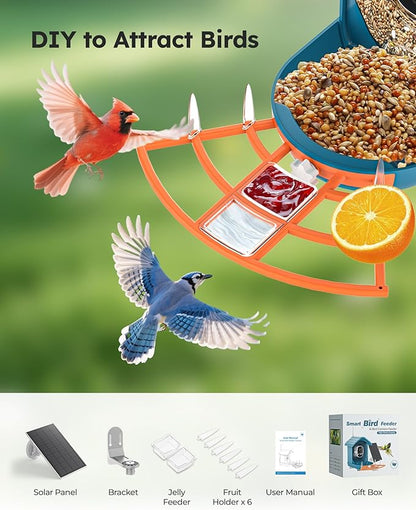 Smart Bird Feeder with Camera Solar Powered for Outdoors 2K FHD AI Recognition Hanging Bird Feeder Camera for Outside Backyard Garden, Gifts for Birdlover Mom Dad Kid (Deep Blue and Orange)