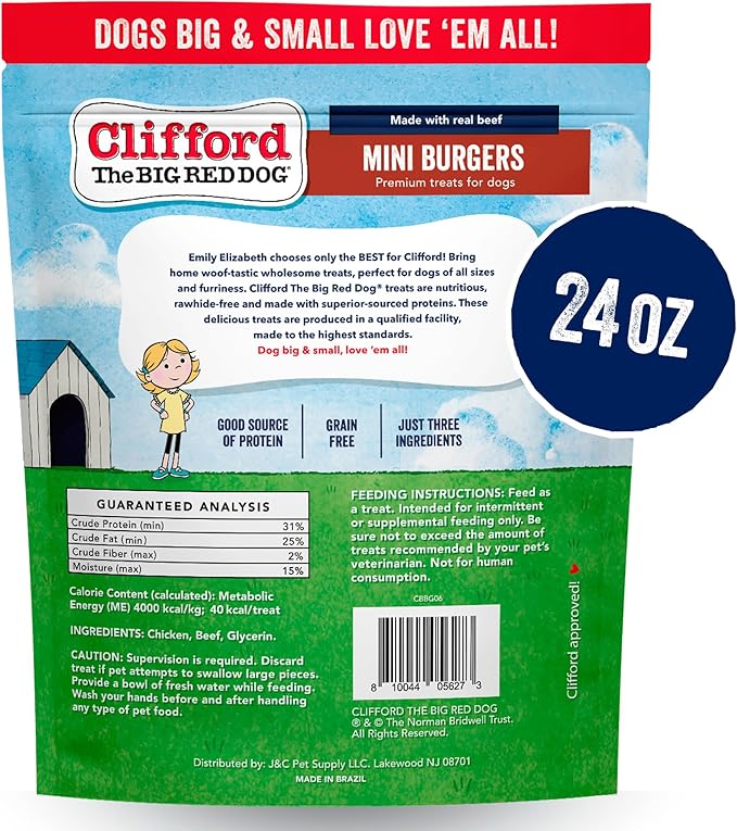 Clifford The Big Red Dog Soft Training Treats for Puppies and Dogs – Healthy, High Protein, Grain Free, Soft Puppy Treats for Small Dogs and Large – Real Beef Mini Burger Bites – 24oz