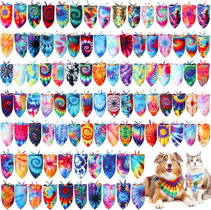 Huhumy 50 Pcs Tie Dye Dog Bandanas Bulk Pet Bibs Colorful Triangle Scarf Pet Bandanas for Medium Large Dogs Spring Summer Birthday Costume Decoration