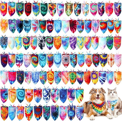 Huhumy 50 Pcs Tie Dye Dog Bandanas Bulk Pet Bibs Colorful Triangle Scarf Pet Bandanas for Medium Large Dogs Spring Summer Birthday Costume Decoration
