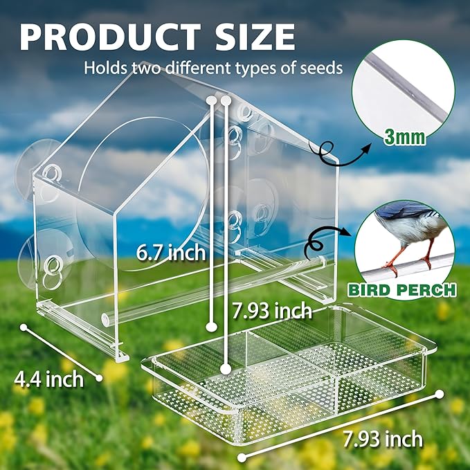 Window Bird Feeder with 4 Extra Strong Suction Cups,Clear Birdhouse Window for Outdoors, Transparent Birdfeeder for Viewing Wild Bird Outside, Birds Watching Gift for Elderly,Kids, and Garden Decor