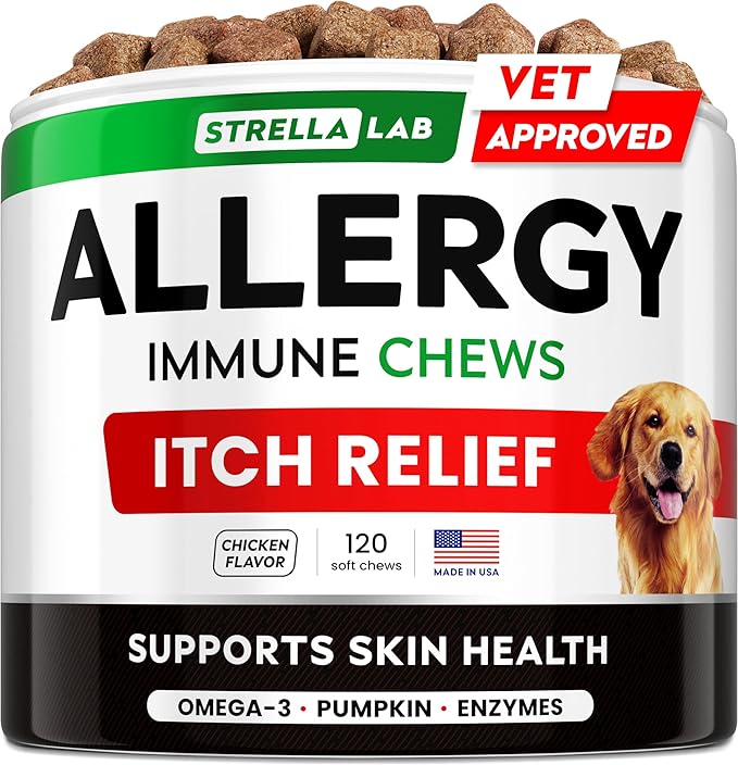 StrellaLab Dog Allergy Relief & Anti Itch Support Chews w/Omega 3: Real Ingredients, Real Taste! Skin & Coat Immune Supplement w/Fish Oil, Pumpkin & Enzymes — Developed by Experts - Made in USA -120Ct