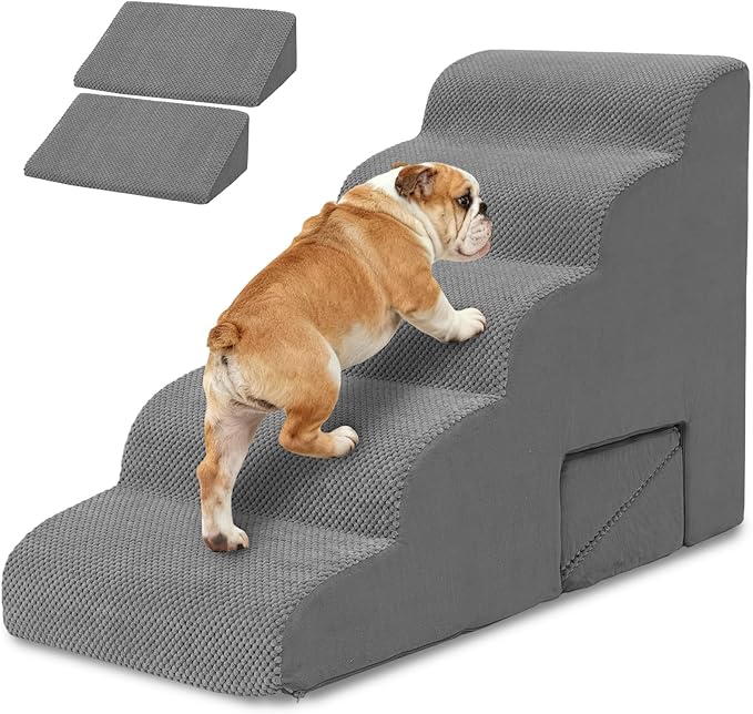 Dog Stairs for Small Dogs and Cats, 5 Tier Dog Steps for Bed and Couch, 23" H Non-Slip Foam Pet Stairs, Gray