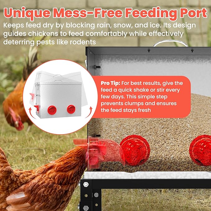 Automatic Gravity Chicken Feeder 40 lb Capacity, Large Metal 6-Port No-Waste Poultry Feeder with Adjustable Height Stand & Locking Lid for Outdoor Chickens, Ducks & Geese