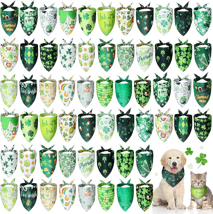 Sanwuta 60 Pcs St. Patrick's Day Dog Bandanas Bulk St. Patrick's Day Dog Scarf Adjustable Puppy Kerchief Holiday Pet Grooming Supplies Outfit Costume for Small to Large Pet (Shamrock)