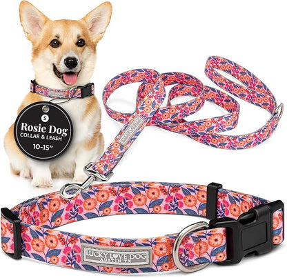 Lucky Love Dog - Easy Click Buckle Dog Collar with Leash Set Combo, Durable & Comfortable for Male & Female Dogs, Pet Collar for Small to Large Dogs, Secure Fit - Floral Rosie Combo, Small