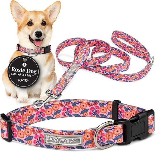 Lucky Love Dog - Easy Click Buckle Dog Collar with Leash Set Combo, Durable & Comfortable for Male & Female Dogs, Pet Collar for Small to Large Dogs, Secure Fit - Floral Rosie Combo, Small