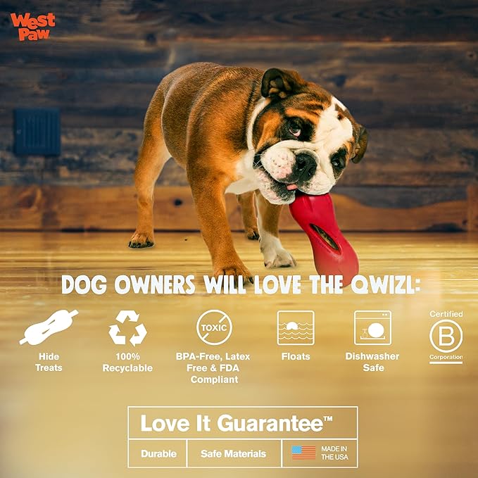 WEST PAW Zogoflex Qwizl Dog Puzzle Treat Toy – Interactive Chew Toy for Dogs – Dispenses Pet Treats – Brightly-Colored Dog Enrichment Toy for Aggressive Chewers, Fetch, Catch, Large 6.5", Ruby