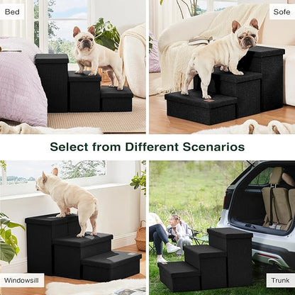 Love's cabin Dog Stairs with Storage,3 Steps Wider Dog Steps for High Bed 18" H,Foldable Pet Stairs for Small Medium Large Dogs Cats for Bed Couch Car,Ramp with Zip up to 200 lbs,Black,No Condo