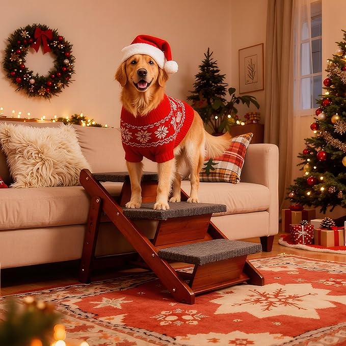 MEWANG Wooden Pet Stairs/Pet Steps - 3-in-1 Foldable Stairs & Ramp for Beds and Cars - Portable Dog/Cat Ladder Up to 220 Pounds - Great for Small and Older Animals(Brown) (24.8" L x 17.2" W x 19.5" H)