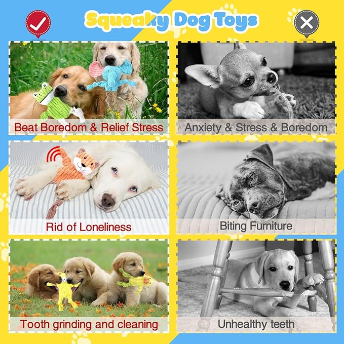 MRSOHRET 5 Pack Squeaky Dog Toys, No Stuffing Plush Dog Chew Toy Puppy Teething Toys to Keep Them Busy, Chewer Tough Durable Crinkle Interactive Dogs Toy Bundle for Small Medium Large Dogs