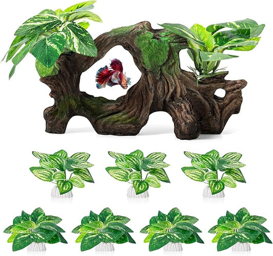 Xereooe 8 Pcs Driftwood Cave Aquarium Decor Decor Silk Aquarium Plants Leaves are Soft and Safe for Aquarium Decoration and Fish Tank Decoration