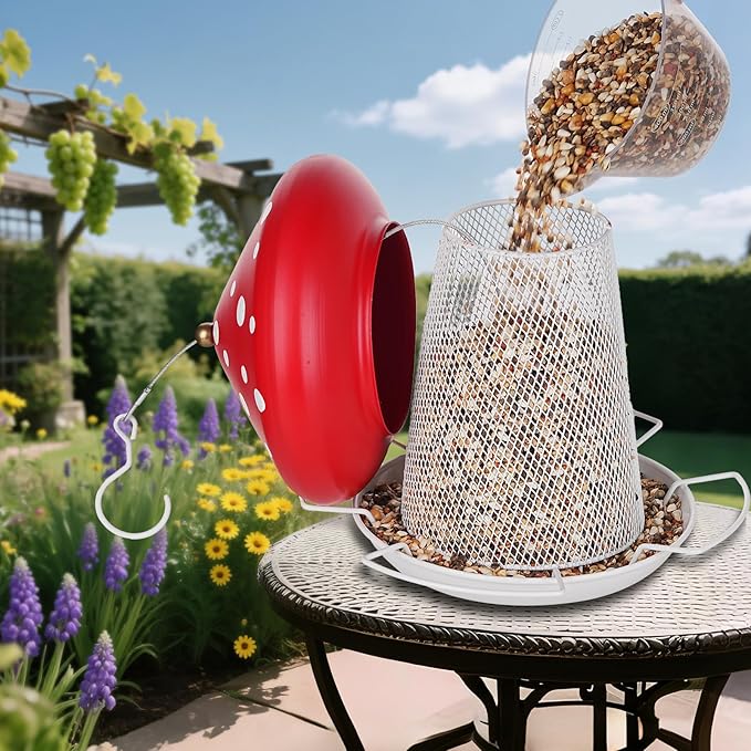 IWNTWY Bird Feeder, Heavy Duty Metal Bird Feeders for Outdoor Hanging, Cute Mushroom Shape 3.5 LB Large Capacity Wild Birdfeeder for Outside Garden Yard (Red)