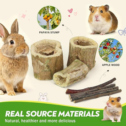 3.5oz Rabbit Chew Toys for Teeth，Bunny Papaya Wood Chew Toys Guinea Pig Treats with Apple Stick for Rabbits Guinea Pigs Hamsters Chinchillas Gerbils Prevent Teeth Overgrowth (3.5 oz, original)