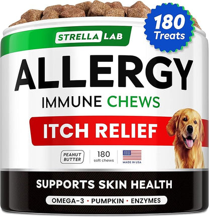 StrellaLab Dog Allergy Relief & Anti Itch Support Chews w/Omega 3: Real Ingredients, Real Taste! Skin & Coat Immune Supplement w/Fish Oil, Pumpkin & Enzymes — Developed by Experts - Made in USA -180Ct
