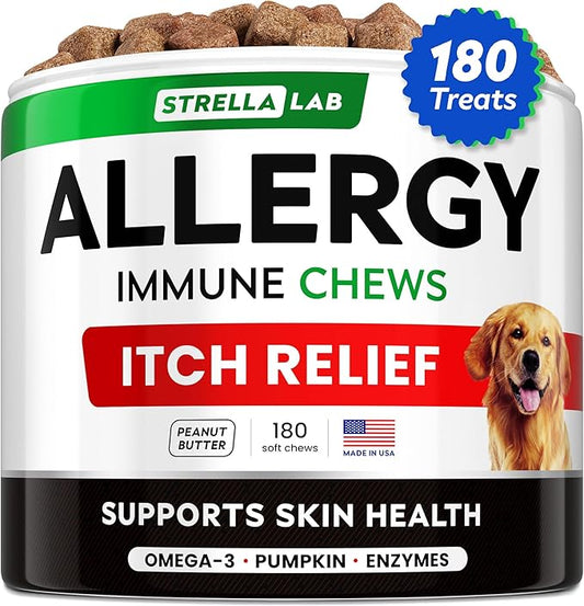 StrellaLab Dog Allergy Relief & Anti Itch Support Chews w/Omega 3: Real Ingredients, Real Taste! Skin & Coat Immune Supplement w/Fish Oil, Pumpkin & Enzymes — Developed by Experts - Made in USA -180Ct