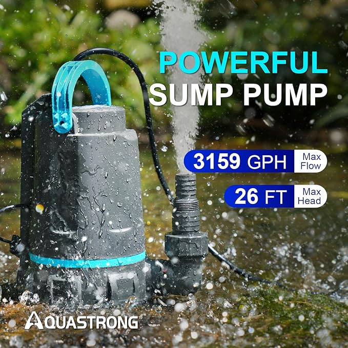 Aquastrong Automatic Sump Pump, 1/2 HP Submersible Water Pump, 3159 GPH Utility Pump High Flow Water Removal for Swimming Pool, Garden Pond, Basement, Window Wells with 10ft Long Power Cord