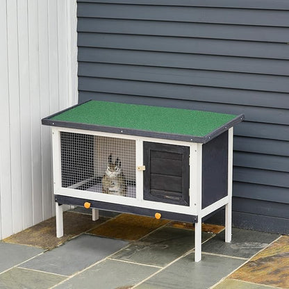 Rabbit Hutch Outdoor Indoor, Wooden Bunny Cage with Removable Tray & Waterproof Roof, 35.5” Small Animal House for Rabbits, Guinea Pigs, Chinchillas