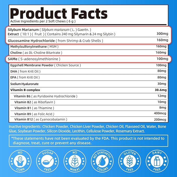 Senior Dog Liver & Joint Supplement – Same, Milk Thistle (Silybin), Glucosamine, MSM for Liver Health Detox, Mobility, Joint Pain Relief, Cognitive & Vitality Support, Chicken Flavor, 90Ct