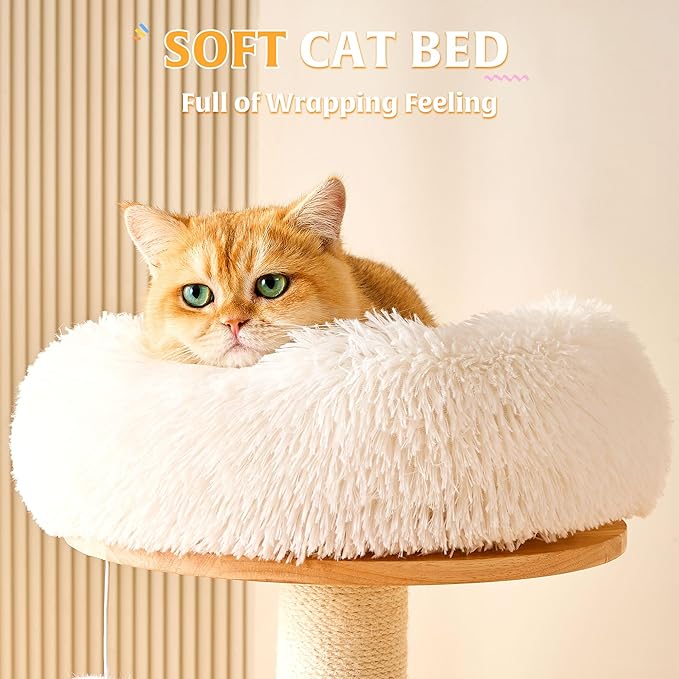 HITTITE Solid Wood Cat Tree Tower with Scratching Post, 53 Inches Tall Cat Towers with Scratching Board and Scratcher Ball, Modern Cat Tower with Space Capsule and Removable Top Bed for Indoor Cats