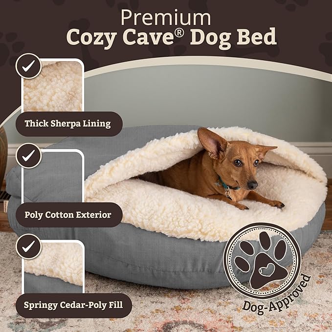 Snoozer Cozy Cave Dog Bed - Indoor Dog Bed with Cover Cave, Covered Calming Burrow for Medium & Large Sized Pets with Blanket Attached, Enclosed, Removable Washable Cover - XL, Heather Gray