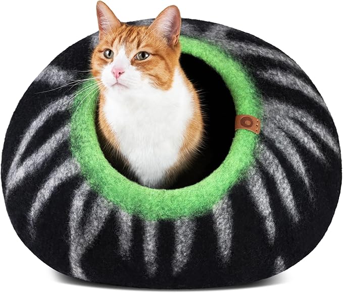 MEOWFIA Cat Cave – Premium Felt Cat Bed for Indoor Cats, Handmade 100% Merino Wool, Cat (Large, Shining Tiger)